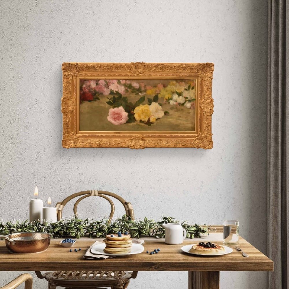 QF782 2a antique floral roses painting flower oil still life XIX